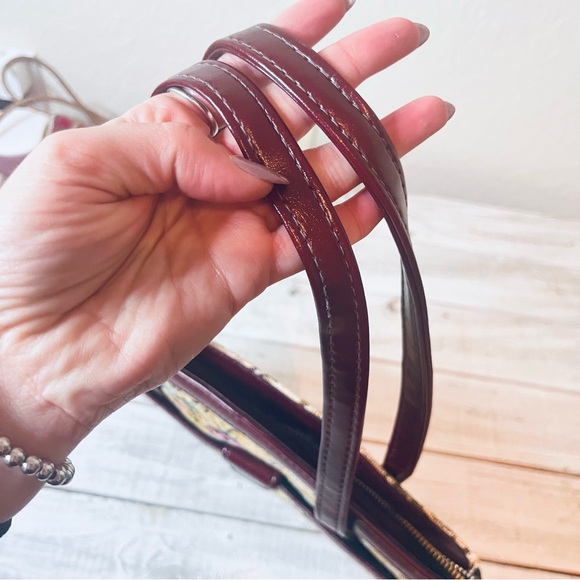 VTG CARPET HANDBAG CANVAS FLORAL RED LEATHER - Picture 8 of 12
